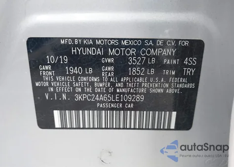 2020 Hyundai Accent Se z USA, uszkodzony, nr VIN 3KPC24A65LE109289